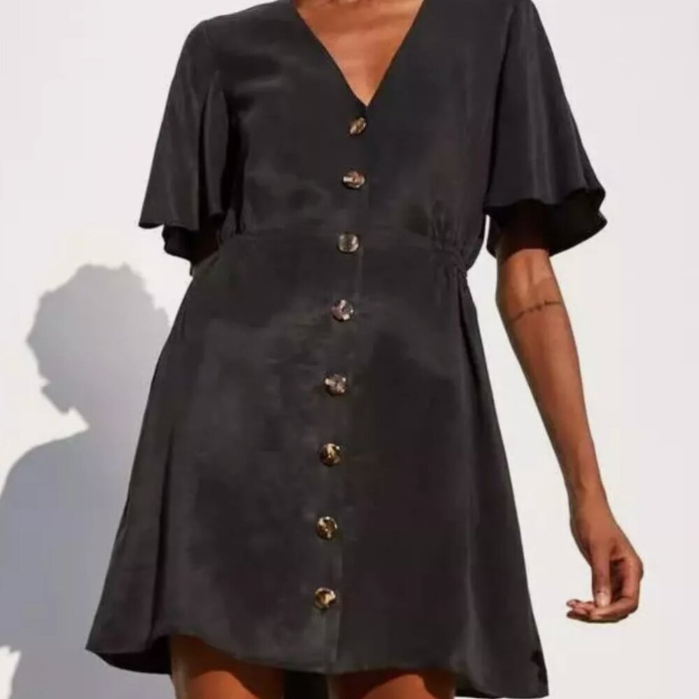 ZARA Black Button V-Neck Flutter Sleeve Mini Dress Size Small